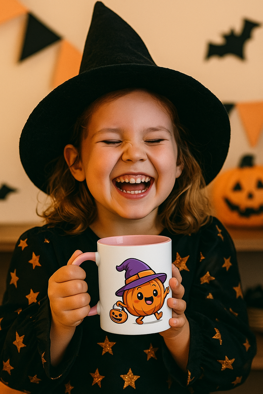 Weiß -Pinke Keramiktasse für Kinder mit Kürbis der einen Hut trägt - von MorgenMood 